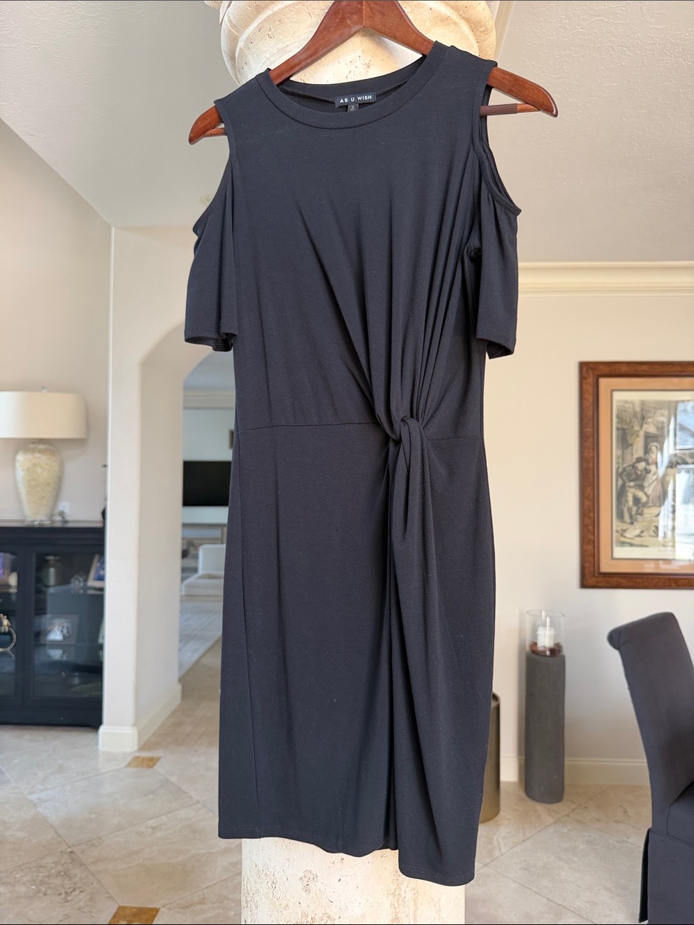 As U Wish Black Cold-Shoulder Knot Front Midi Dress